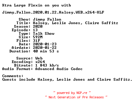 NFO for the release Jimmy.Fallon.2020.01.22.Halsey.WEB.x264-XLF by XLF