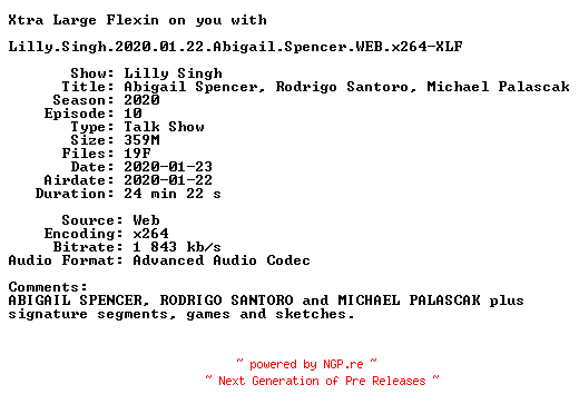 NFO for the release Lilly.Singh.2020.01.22.Abigail.Spencer.WEB.x264-XLF by XLF