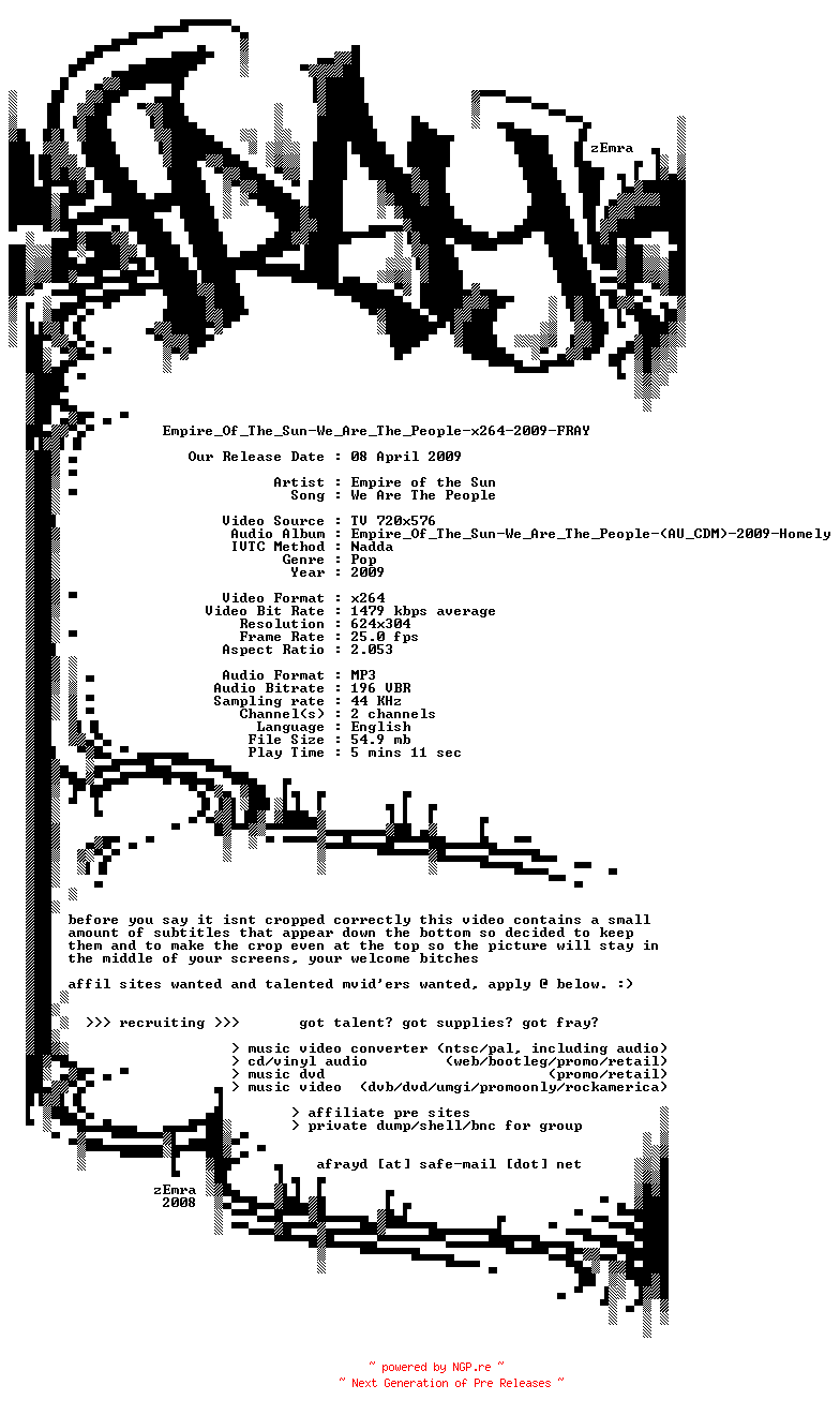 NFO for the release Empire_Of_The_Sun-We_Are_The_People-x264-2009-FRAY by FRAY