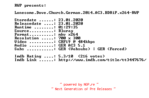 NFO for the release Lonesome.Dove.Church.German.2014.AC3.BDRiP.x264-RWP by RWP