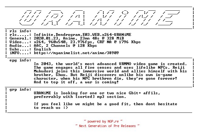 NFO for the release Infinite.Dendrogram.E03.WEB.x264-URANiME by URANiME