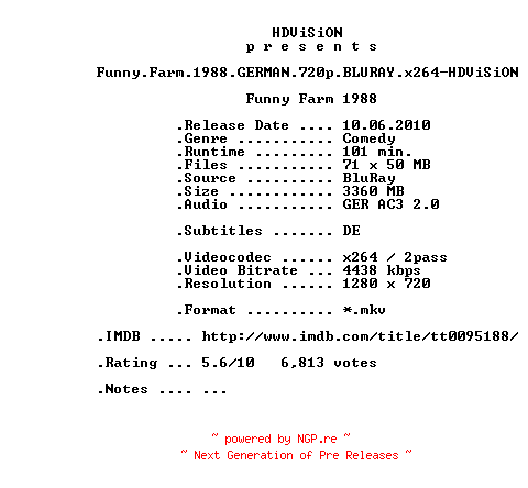 NFO for the release Funny.Farm.1988.GERMAN.720p.BLURAY.x264-HDViSiON by HDViSiON