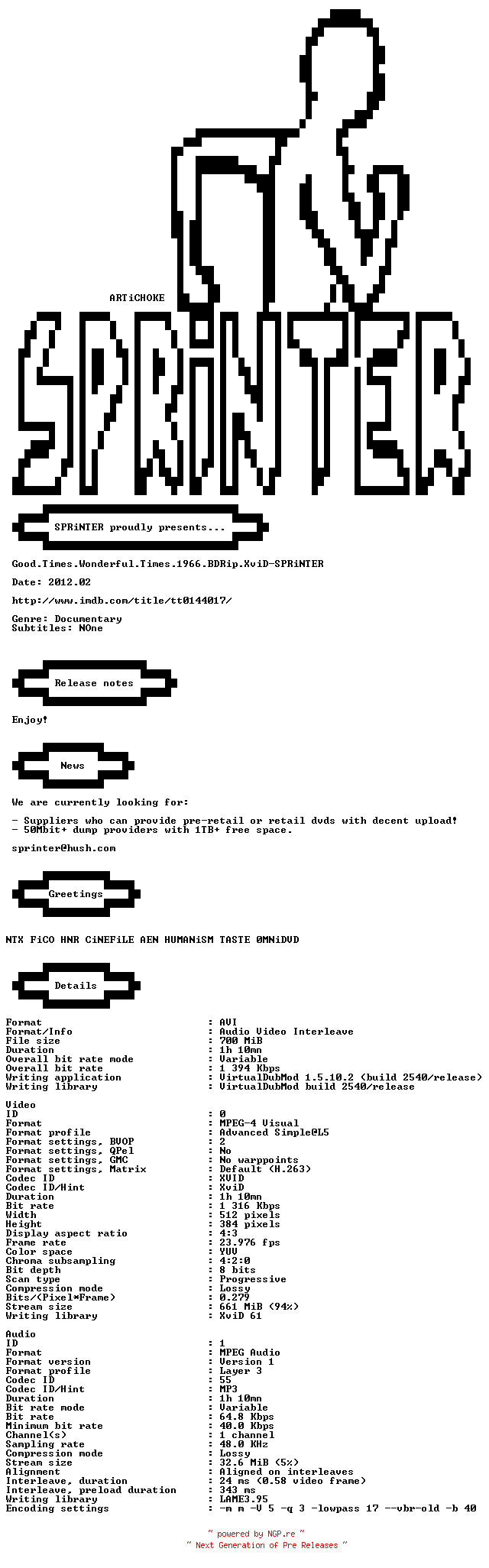 NFO for the release Good.Times.Wonderful.Times.1966.BDRip.XviD-SPRiNTER by SPRiNTER