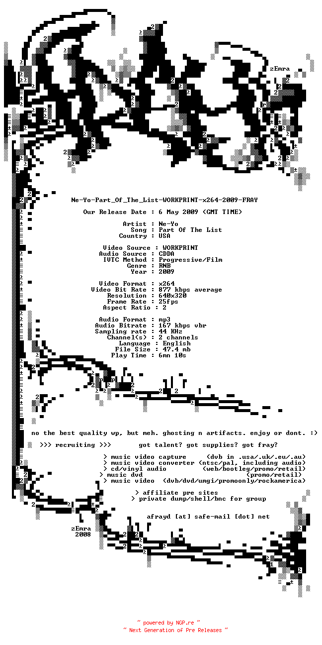NFO for the release Ne-Yo-Part_Of_The_List-WORKPRINT-x264-2009-FRAY by FRAY