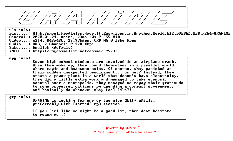 NFO for the release High.School.Prodigies.Have.It.Easy.Even.In.Another.World.E12.DUBBED.WEB.x264-URANiME by URANiME