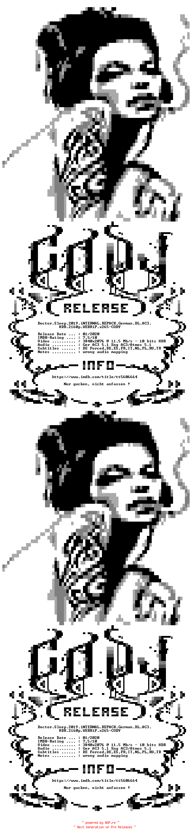 NFO for the release Doctor.Sleep.2019.iNTERNAL.REPACK.German.DL.AC3.HDR.2160p.WEBRiP.x265-CODY by CODY