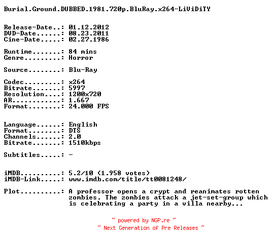 NFO for the release Burial.Ground.DUBBED.1981.720p.BluRay.x264-LiViDiTY by LiViDiTY