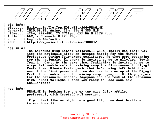 NFO for the release Haikyuu.To.The.Top.E03.WEB.x264-URANiME by URANiME