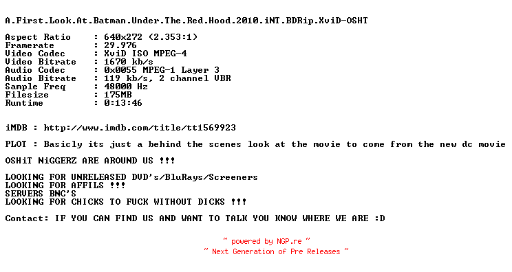 NFO for the release A.First.Look.At.Batman.Under.The.Red.Hood.2010.iNT.BDRip.XviD-OSHT by OSHT