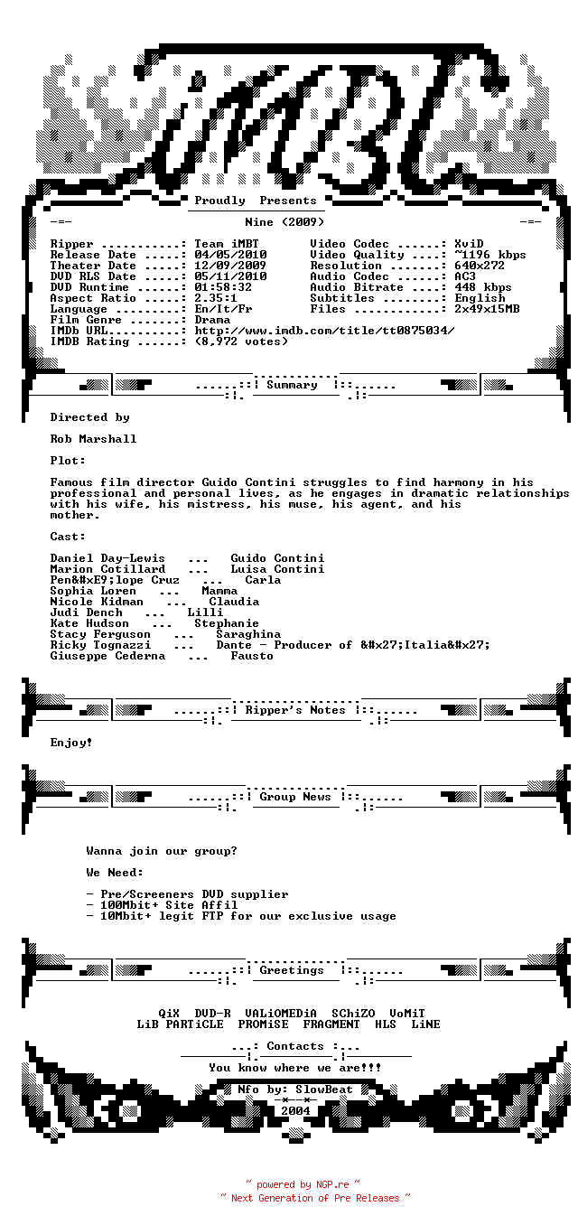 NFO for the release Nine.2009.BDRip.XviD-iMBT by iMBT