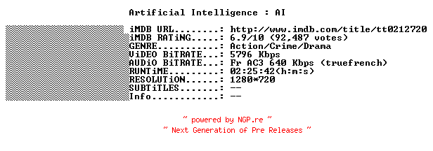 NFO for the release Artificial.Intelligence.AI.2001.FRENCH.720p.BluRay.x264-THENiGHTMAREiNHD by THENiGHTMAREiNHD