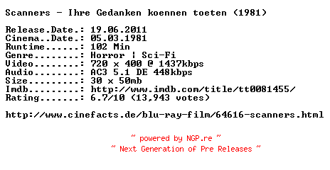 NFO for the release Scanners.Ihre.Gedanken.koennen.toeten.German.1981.AC3.BDRip.XviD.INTERNAL-ARC by ARC