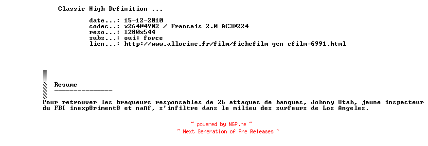 NFO for the release Point.Break.1991.FRENCH.720p.BluRay.x264-CLHD by CLHD