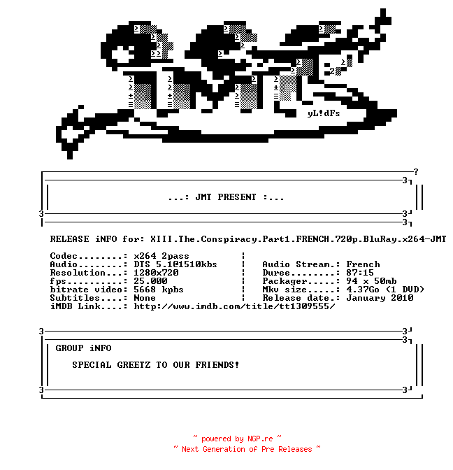 NFO for the release XIII.The.Conspiracy.Part1.FRENCH.720p.BluRay.x264-JMT by JMT