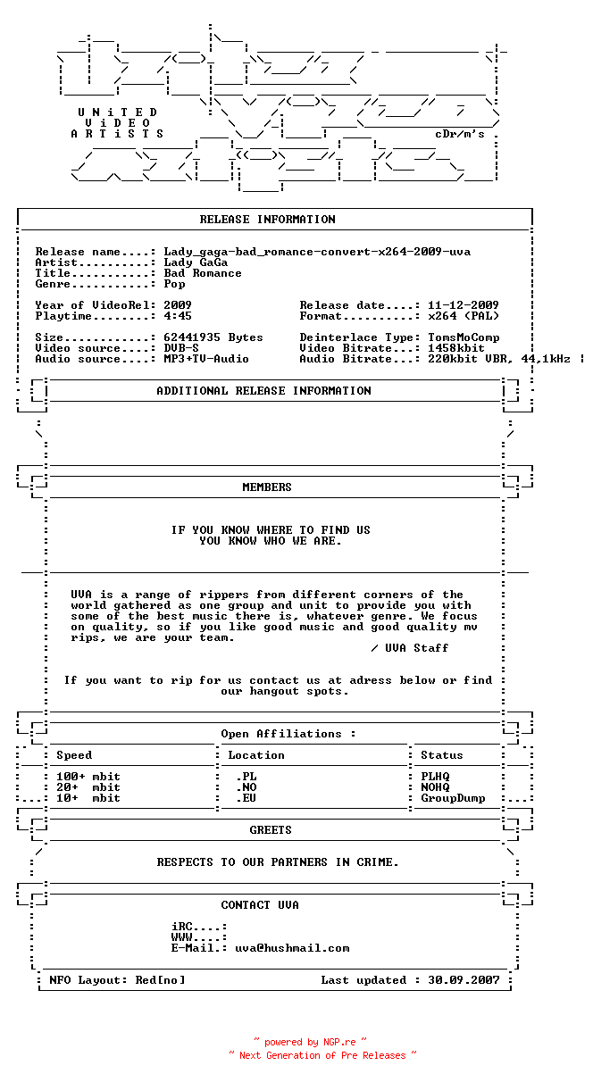 NFO for the release Lady_gaga-bad_romance-convert-x264-2009-uva by uva