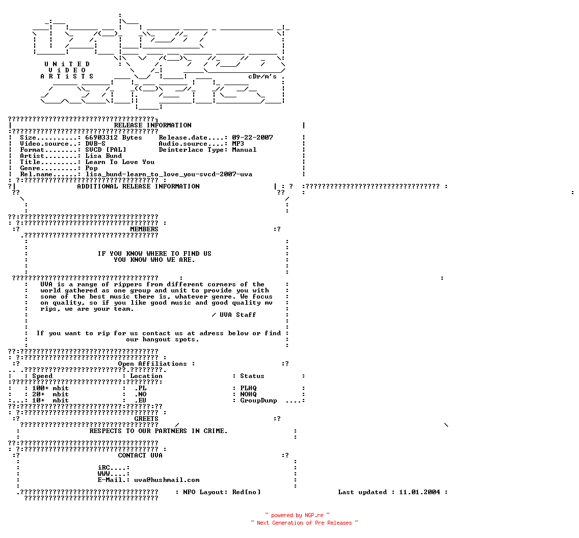 NFO for the release Lisa_bund-learn_to_love_you-svcd-2007-uva by uva