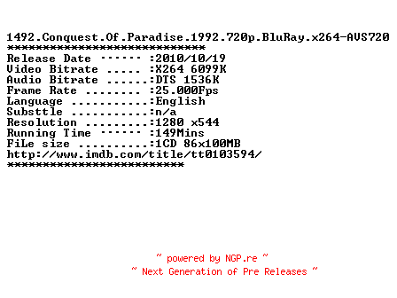 NFO for the release 1492.Conquest.Of.Paradise.1992.720p.BluRay.x264-AVS720 by AVS720