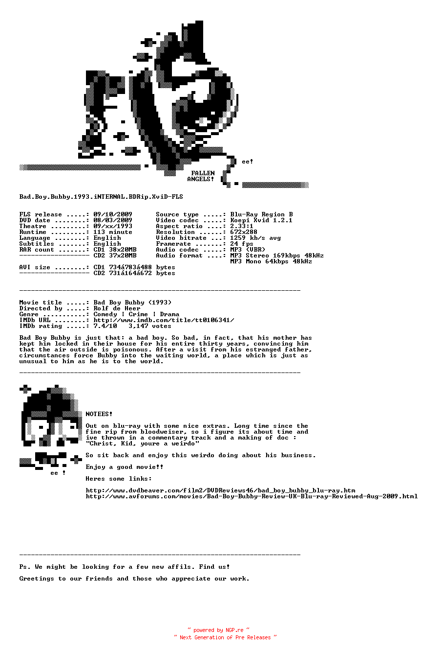 NFO for the release Bad.Boy.Bubby.1993.iNTERNAL.BDRip.XviD-FLS by FLS