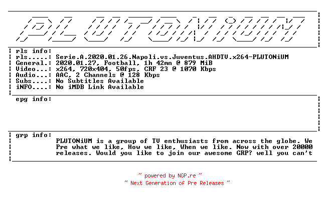 NFO for the release Serie.A.2020.01.26.Napoli.vs.Juventus.AHDTV.x264-PLUTONiUM by PLUTONiUM