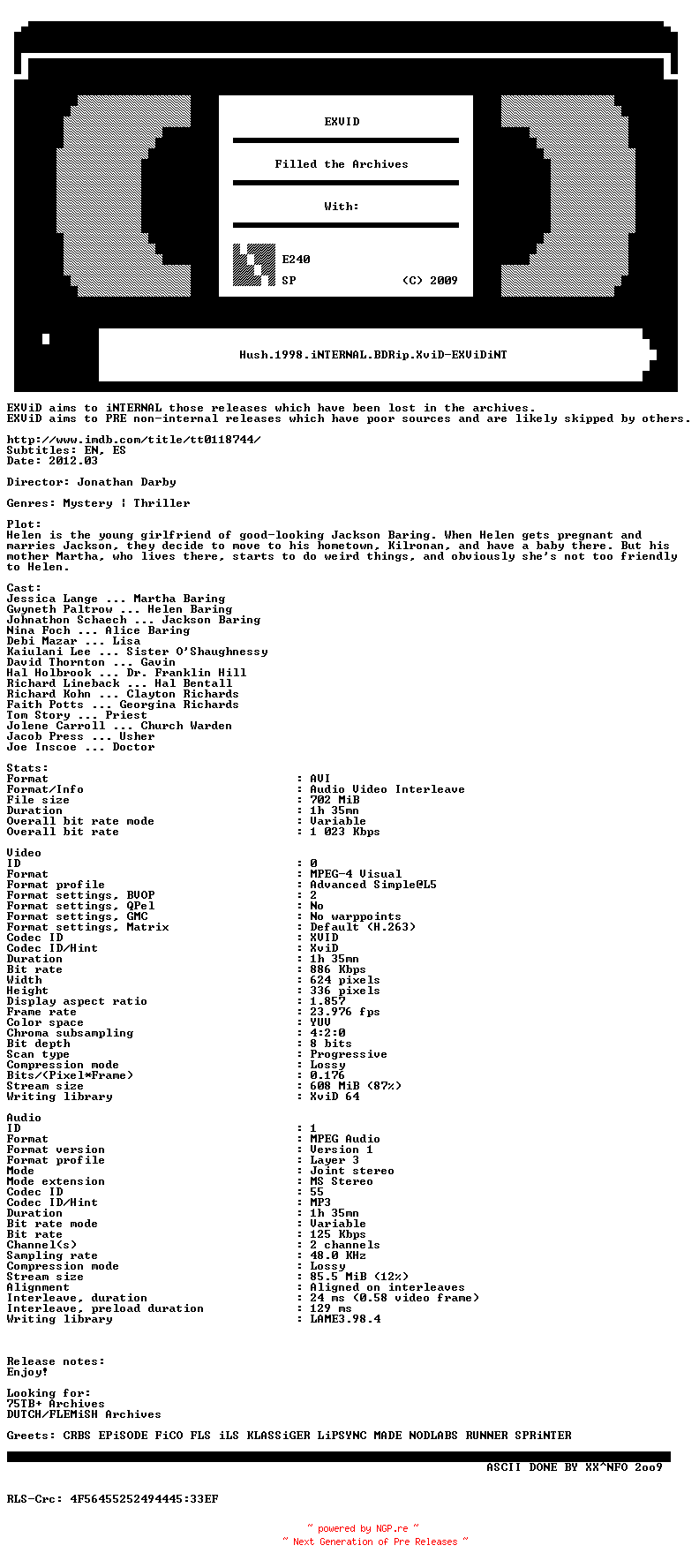 NFO for the release Hush.1998.iNTERNAL.BDRip.XviD-EXViDiNT by EXViDiNT