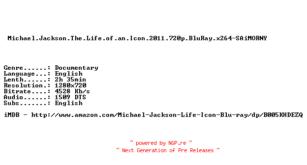 NFO for the release Michael.Jackson.The.Life.of.an.Icon.2011.720p.BluRay.x264-SAiMORNY by SAiMORNY