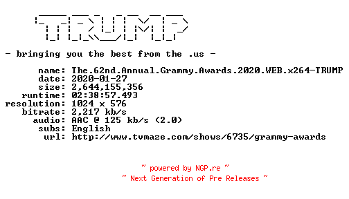 NFO for the release The.62nd.Annual.Grammy.Awards.2020.WEB.x264-TRUMP by TRUMP