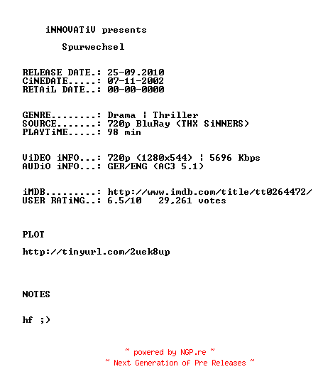 NFO for the release Spurwechsel.2002.German.AC3D.DL.720p.BluRay.x264-iNNOVATiV by iNNOVATiV