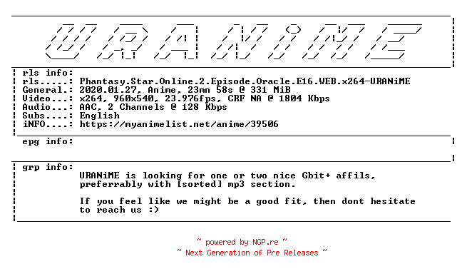 NFO for the release Phantasy.Star.Online.2.Episode.Oracle.E16.WEB.x264-URANiME by URANiME