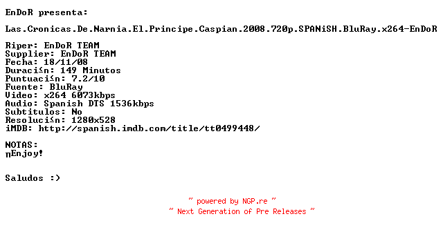 NFO for the release Las.Cronicas.De.Narnia.El.Principe.Caspian.2008.720p.SPANiSH.BluRay.x264-EnDoR by EnDoR