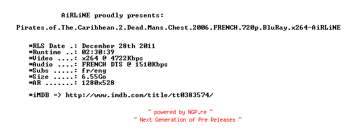 NFO for the release Pirates.of.The.Caribbean.2.Dead.Mans.Chest.2006.FRENCH.720p.BluRay.x264-AiRLiNE by AiRLiNE