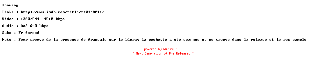 NFO for the release Knowing.720p.FRENCH.BluRay.x264-ForceBleue by ForceBleue