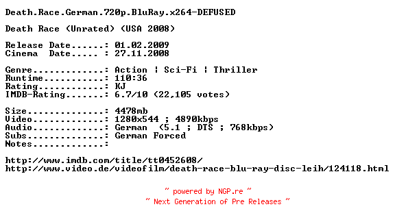 NFO for the release Death.Race.German.720p.BluRay.x264-DEFUSED by DEFUSED