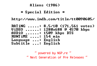 NFO for the release Aliens.1986.Special.Edition.720p.BluRay.x264-MELiTE by MELiTE