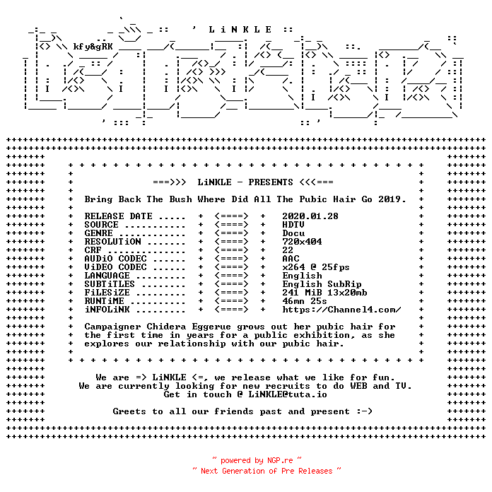 NFO for the release Bring.Back.The.Bush.Where.Did.All.The.Pubic.Hair.Go.2019.HDTV.x264-LiNKLE by LiNKLE