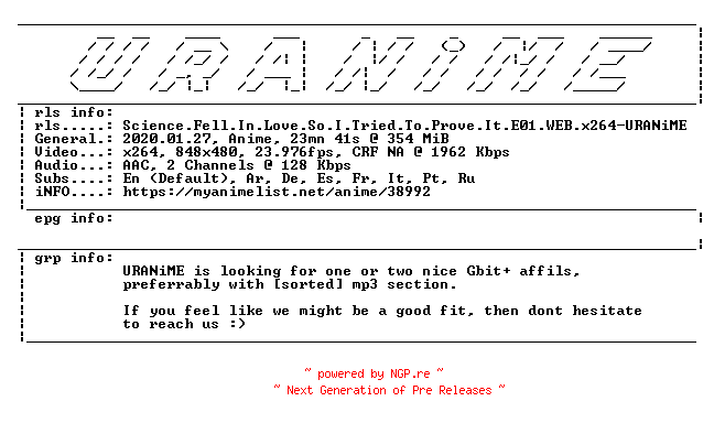 NFO for the release Science.Fell.In.Love.So.I.Tried.To.Prove.It.E01.WEB.x264-URANiME by URANiME