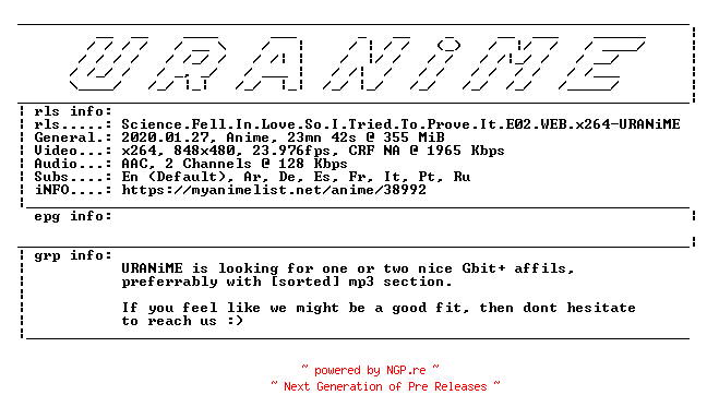NFO for the release Science.Fell.In.Love.So.I.Tried.To.Prove.It.E02.WEB.x264-URANiME by URANiME
