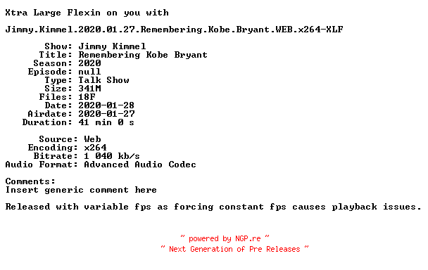 NFO for the release Jimmy.Kimmel.2020.01.27.Remembering.Kobe.Bryant.WEB.x264-XLF by XLF