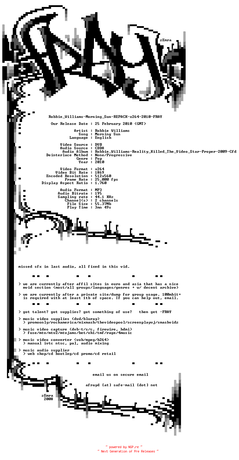NFO for the release Robbie_Williams-Morning_Sun-REPACK-x264-2010-FRAY by FRAY