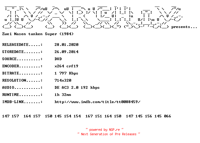 NFO for the release Zwei.Nasen.tanken.Super.1984.German.DVDRip.x264.iNTERNAL-TVARCHiV by TVARCHiV