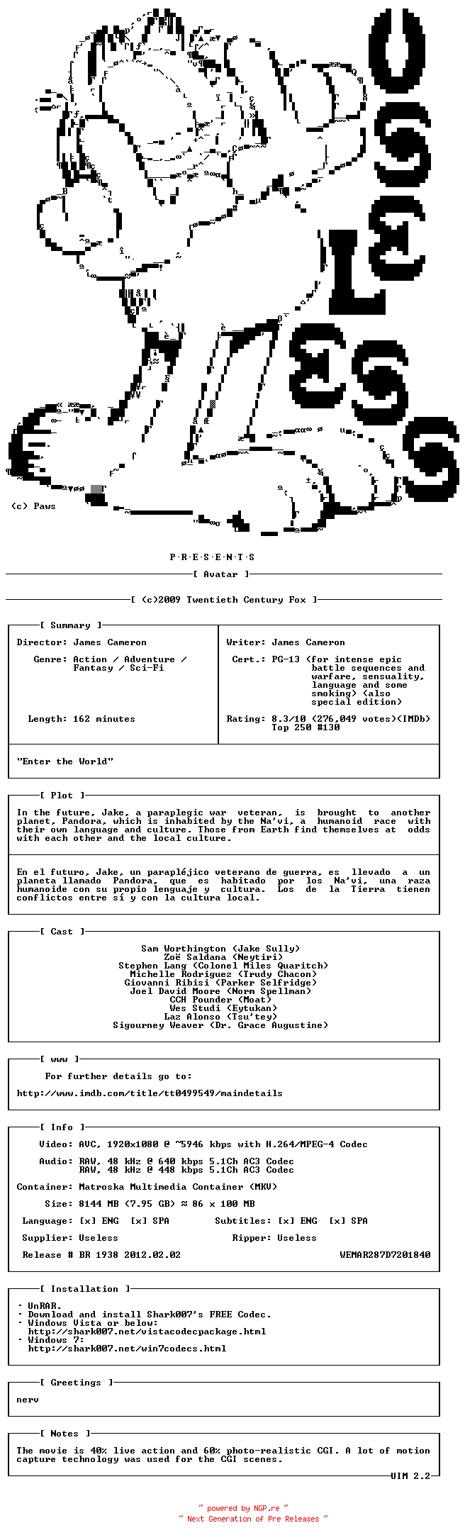 NFO for the release Avatar.BDRip.x264.2009.SP-USL by USL