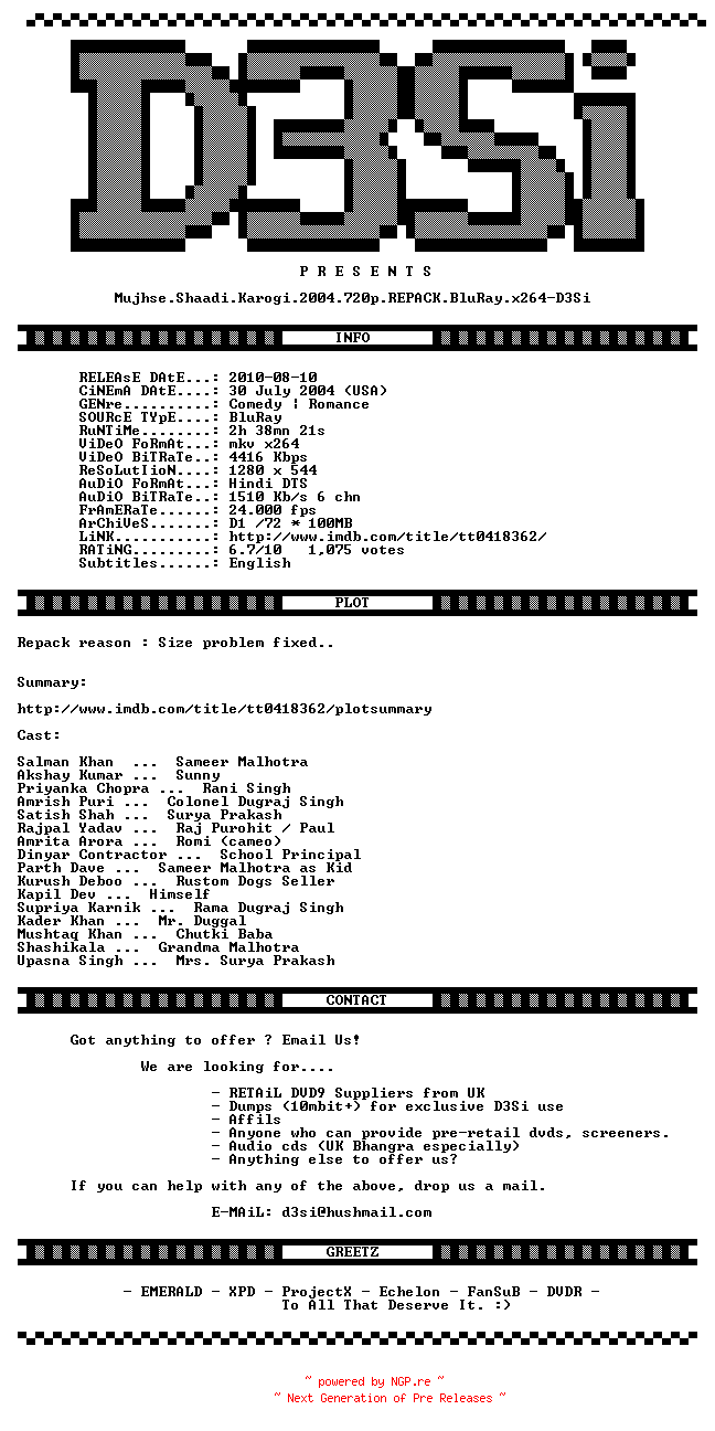 NFO for the release Mujhse.Shaadi.Karogi.2004.720p.REPACK.BluRay.x264-D3Si by D3Si