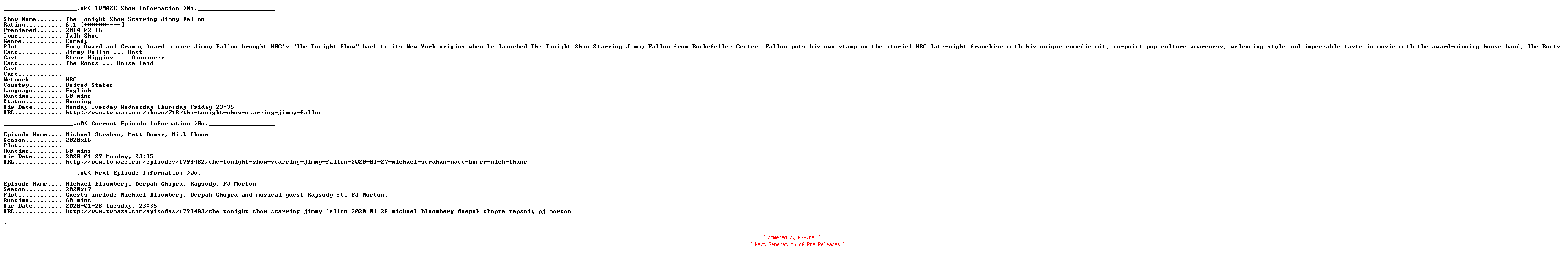 NFO for the release Jimmy.Fallon.2020.01.28.Michael.Bloomberg.HDTV.x264-SORNY by SORNY