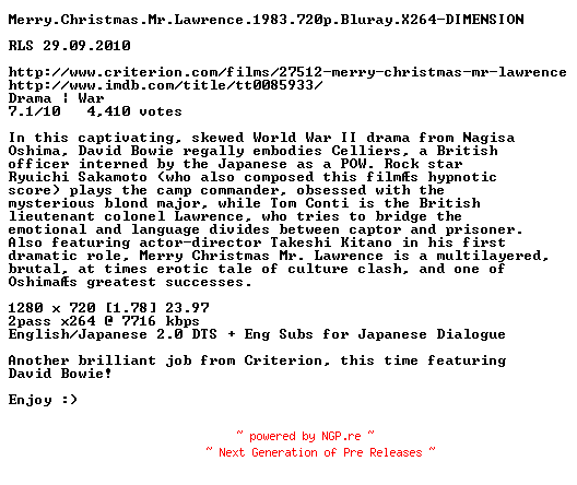 NFO for the release Merry.Christmas.Mr.Lawrence.1983.720p.Bluray.X264-DIMENSION by DIMENSION