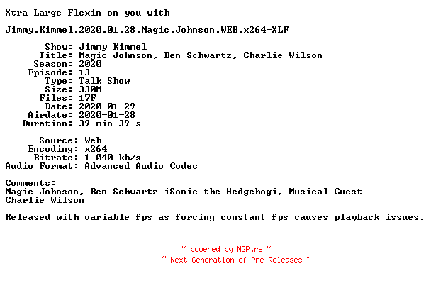 NFO for the release Jimmy.Kimmel.2020.01.28.Magic.Johnson.WEB.x264-XLF by XLF