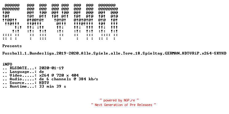 NFO for the release Fussball.1.Bundesliga.2019-2020.Alle.Spiele.alle.Tore.18.Spieltag.GERMAN.HDTVRiP.x264-SKYHD by SKYHD