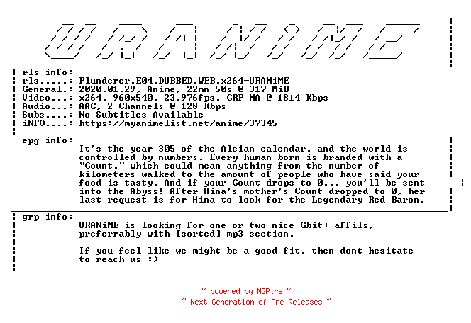 NFO for the release Plunderer.E04.DUBBED.WEB.x264-URANiME by URANiME