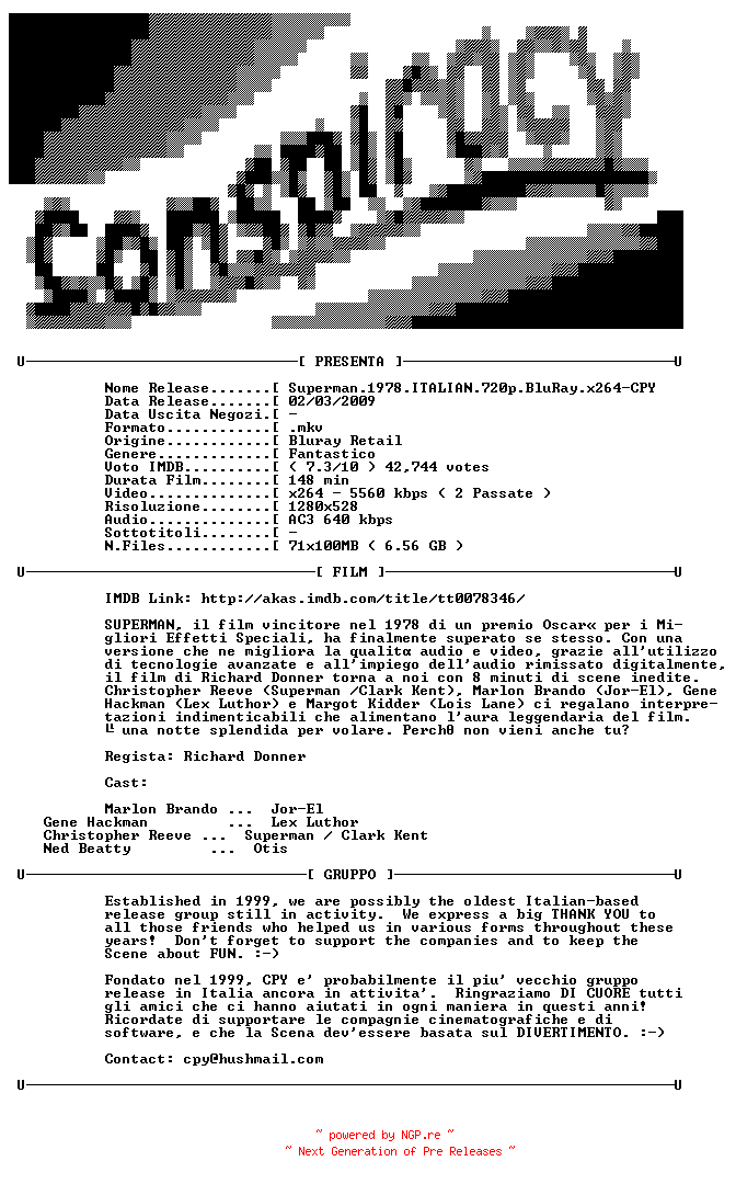 NFO for the release Superman.1978.ITALIAN.720p.BluRay.x264-CPY by CPY