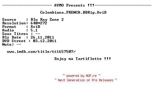 NFO for the release Colombiana.FRENCH.BDRip.XviD-AYMO by AYMO