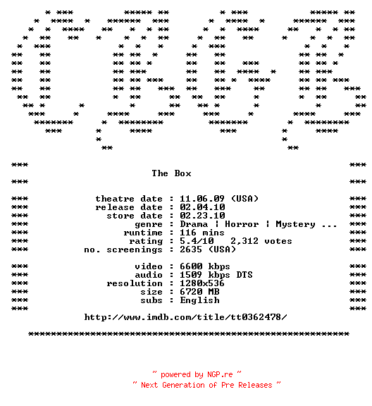 NFO for the release The.Box.720p.Bluray.x264-CBGB by CBGB