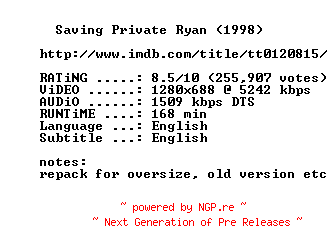 NFO for the release Saving.Private.Ryan.1998.720p.BluRay.x264.REPACK-MELiTE by MELiTE